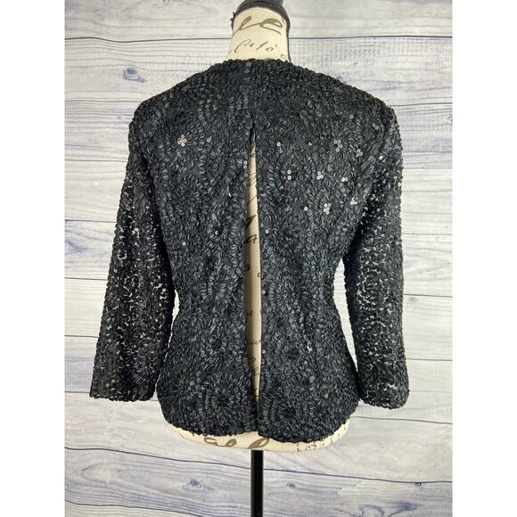 Vintage Helene Blake Sequin Wrap Evening Blouse Women 6 Lace Sleeve V Neck Black - Picture 5 of 15